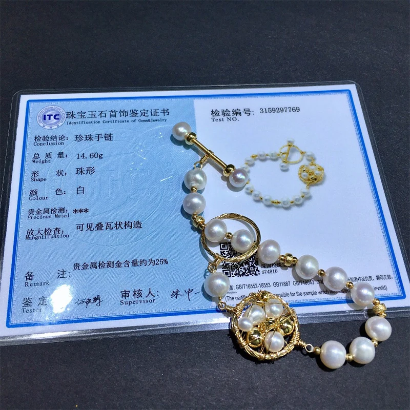 

KUGG 14K Gold Filled Women Bracelet Nearly 7-7.5mm Round Natural Freshwater White Pearl Bracelet Handmade Design Fashion Lady