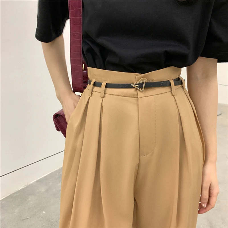 

2021 Spring Summer High Waist Loose Straight Leg Pants Khaki Black Drape Trousers Suit Women Wide Leg Casual Pants for Female