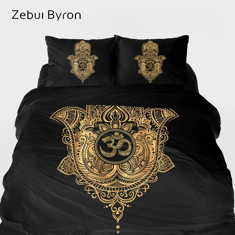 ?? 3D ベッドセット、豪華な寝具セット王/女王/カスタムサイズ、布団カバーセット黒黄金のハムサの手 OM 、毛布/キルトカバーセット