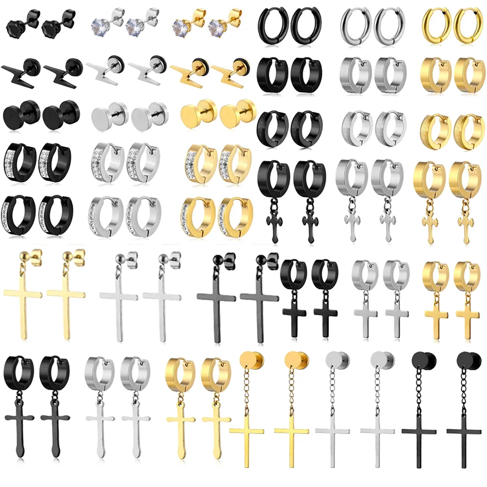 

4/5Pair/Set Ear Stud Ear Clip Stainless Steel Dangle Punk Black Piercing Fake Earrings Cross Ear Piercing Stud Jewelry Gothic