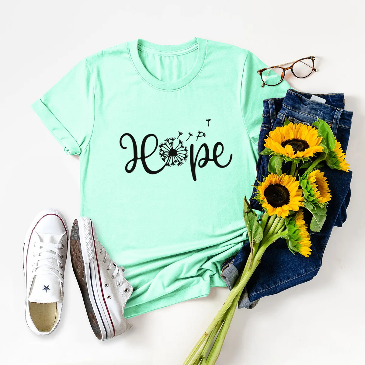 

Oversized Tshirt Hope Letter Print Basic T Shirt Women Harajuku Dandelion Graphic Short Sleeves T-Shirt Streetwear Ladies Tops