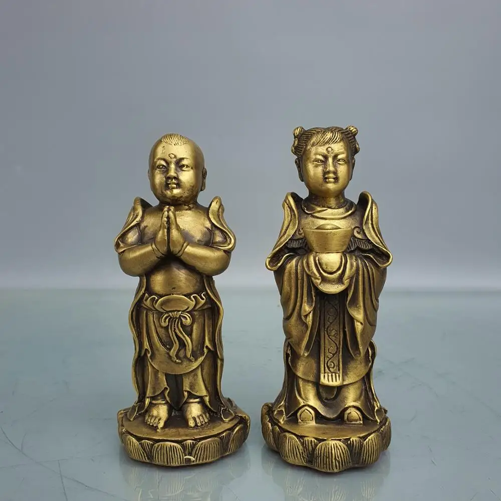 

Home Decor 5"Chinese Seikos Bronze Statue of the Golden Child and Jade Girl Lang Cai female appearance Implication Perfect match