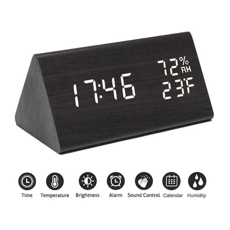 

Wooden Digital LED Alarm Clock USB/Battery Powered Electronic Table Clock for Bedroom Adjustable Brightness Voice Control