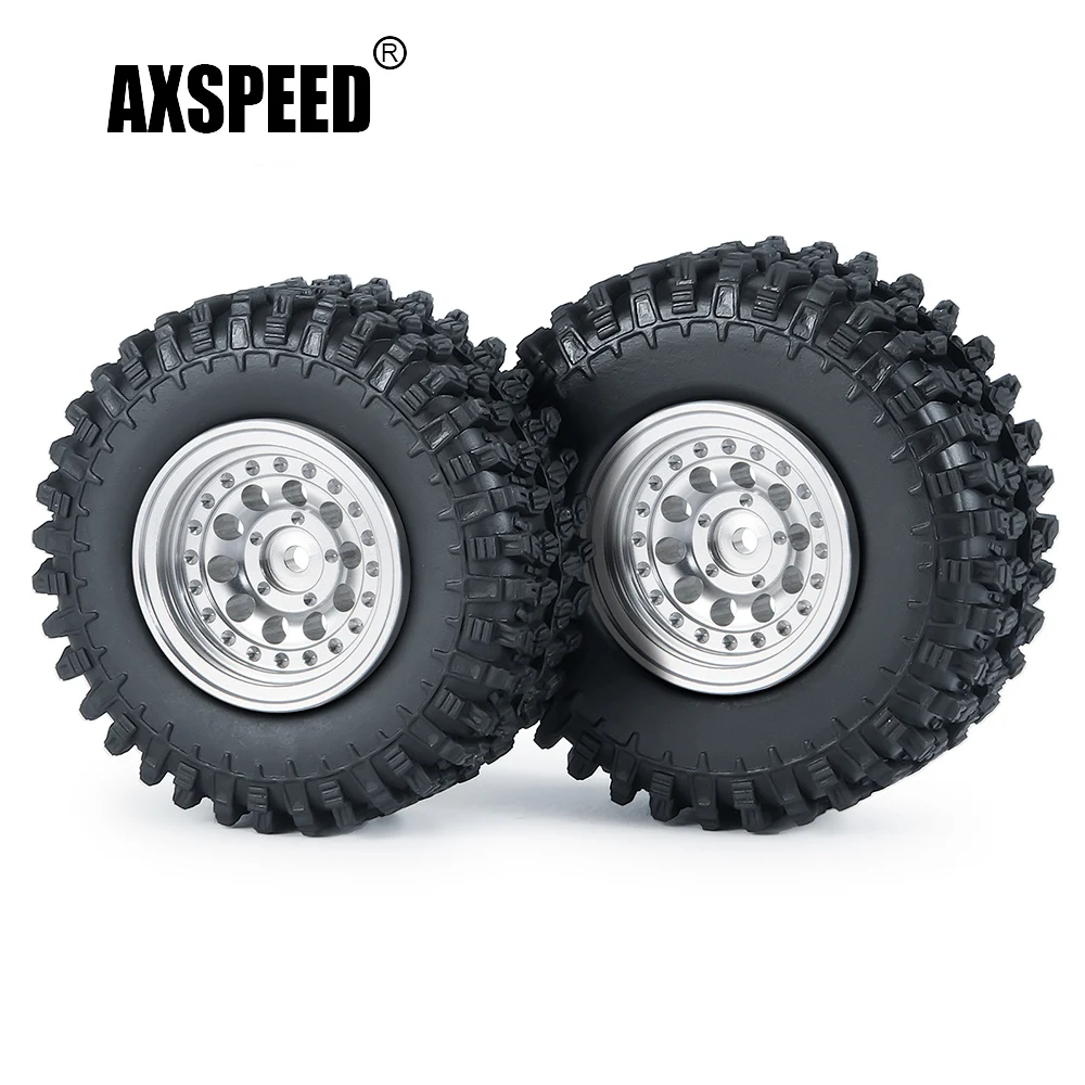 

AXSPEED 4Pcs 1.0'' Silver CNC Metal Beadlock Wheel Rims Rubber Tires Set for Axial SCX24 90081 1/24 RC Crawler Car Truck Parts