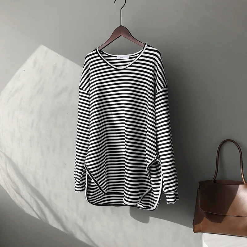 

t shirt spring Autumn Women harajuku Striped T-shirt Korean Casual full Sleeve O-Neck T-Shirts ulzzang Femme black Top