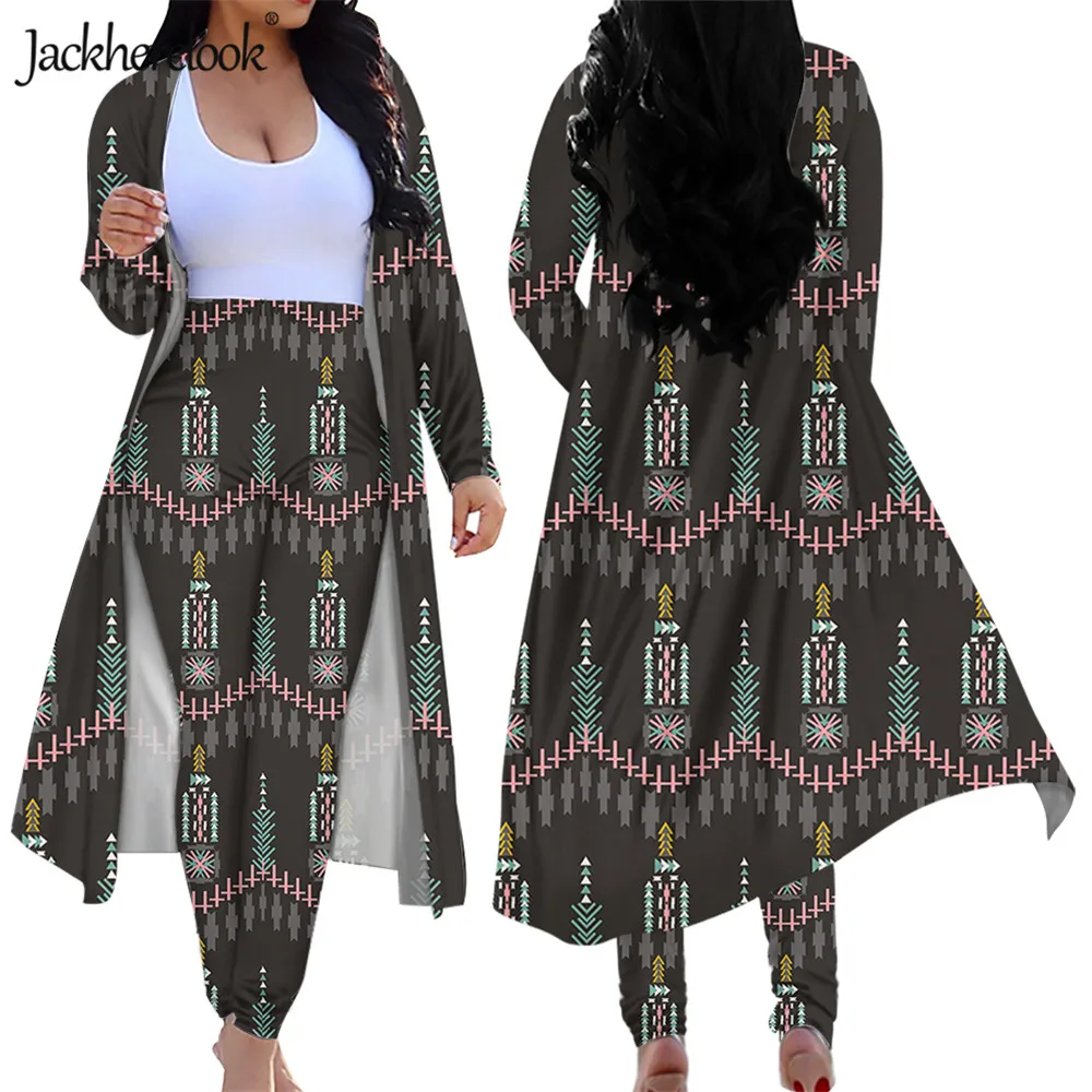 

Jackherelook Vintage Ethnic Aztec Geometric Women 2 Piece Outfits Long Sleeves Open Front Cardigan Leggings High Waist Pants Set