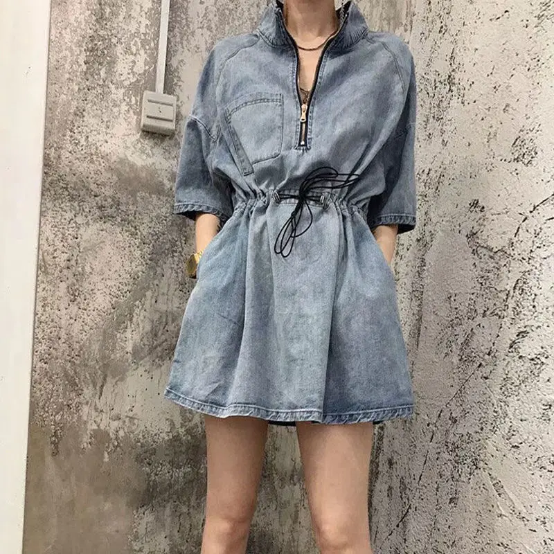 Мини 2021 женское джинсовое платье женский комбинезон А силуэта с талией летние