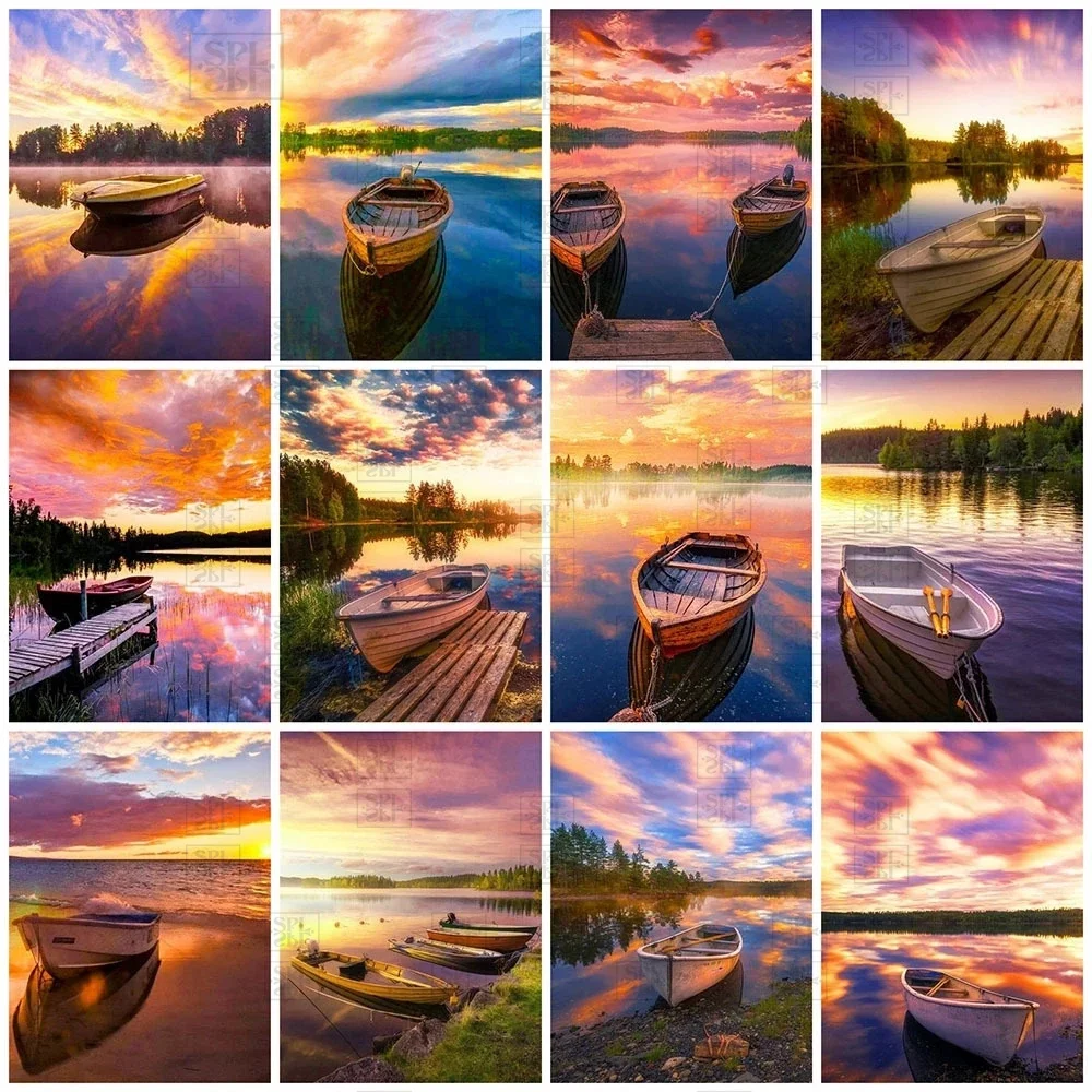

Full Square Round Drill 5D Diy Diamond Painting Sunset Lake Ship Landscape Embroidery Mosaic Cross Stitch Home Decor Gift