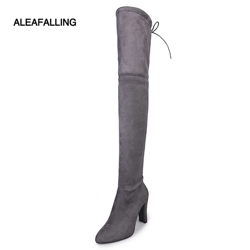 Сапоги Aleafalling женские выше колена заостренный носок высокий толстый каблук