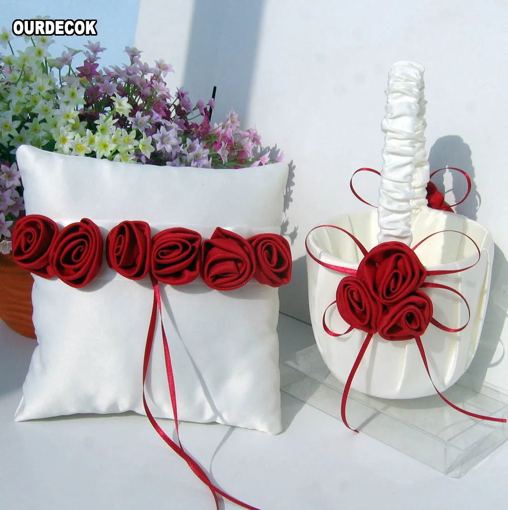 

2Pcs/set Red/pink Rose Decor Wedding Satin Ring Pillow &Flower Basket for Bridal Decoration Product Supplies