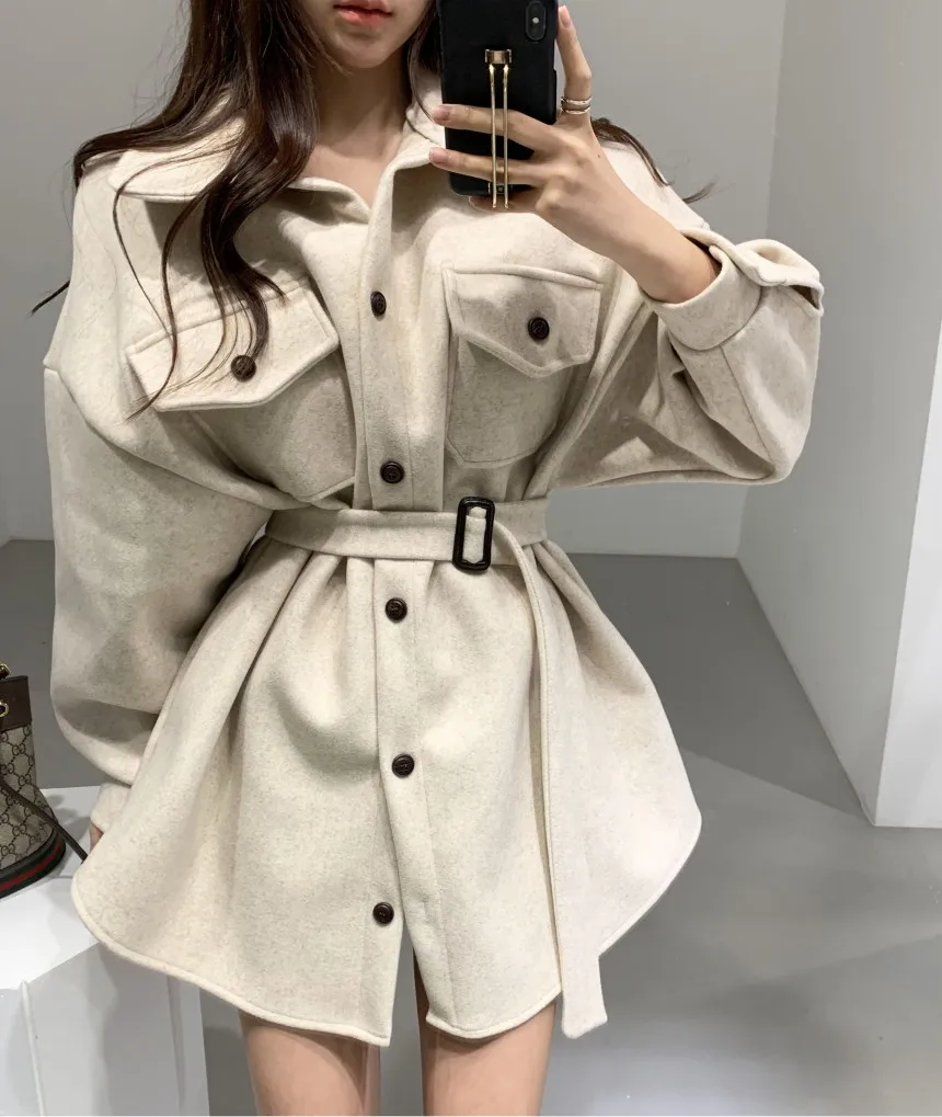 

Women New Fashion With Belt Loose Woolen Jacket Coat Vintage Long Sleeve Side Pockets Female Outerwear Chic Overcoat