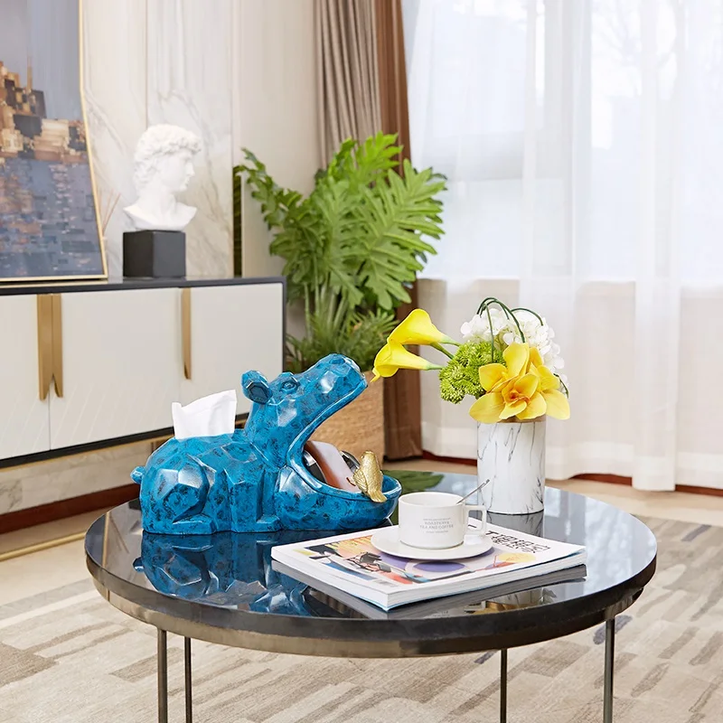 Hippopotamus ящик для хранения, украшения, Геометрическая скульптура животного, коробка для салфеток из полимера, домашний вход, журнальный столик, украшения R2464