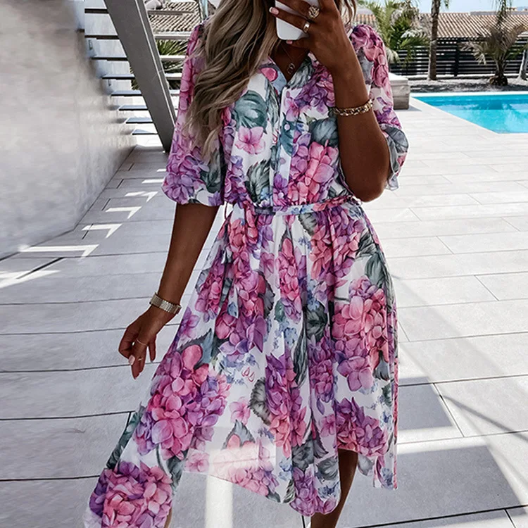 

Fall 2021 printed v-neck button stitching mid-sleeve ruffled short dress