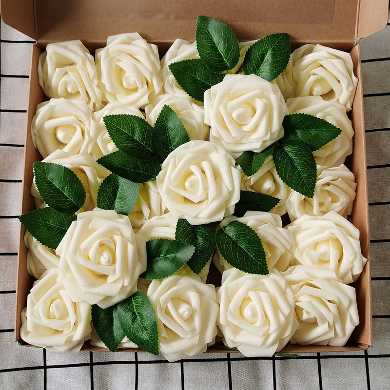 

25pcs/pack Foam Rose Flower Boxed Artificial Flowers Christmas Decorations Bouquet Wedding New Year Party Rose Head With Pole