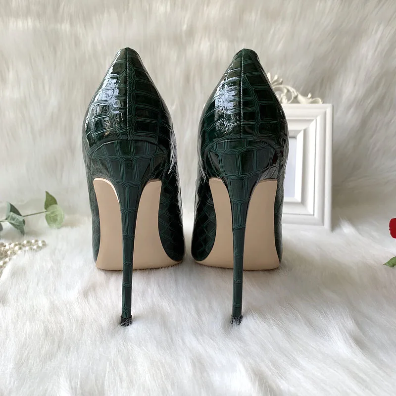 Женские туфли с острым носком темно-зеленые туфли-лодочки на высоком каблуке 12 см