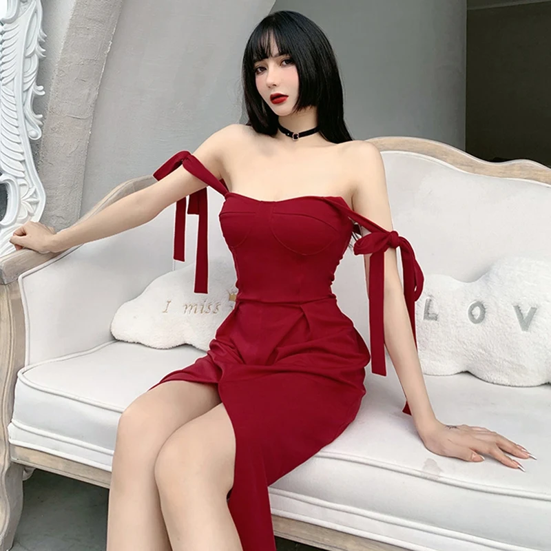 

Women's Sexy Wrapped Chest Sling Dress Tied Strap Split Skirt