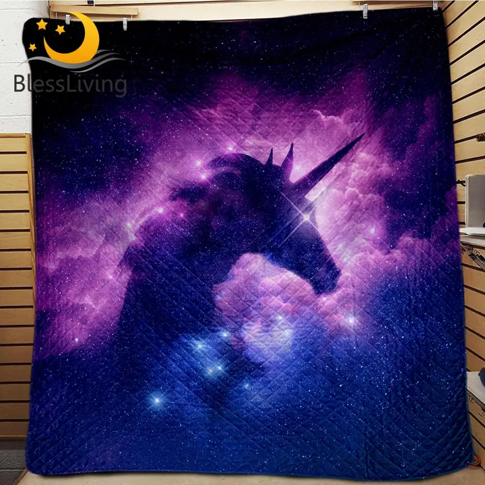 Мягкое стеганое покрывало с единорогом розовое синее из микрофибры|Одеяла| |