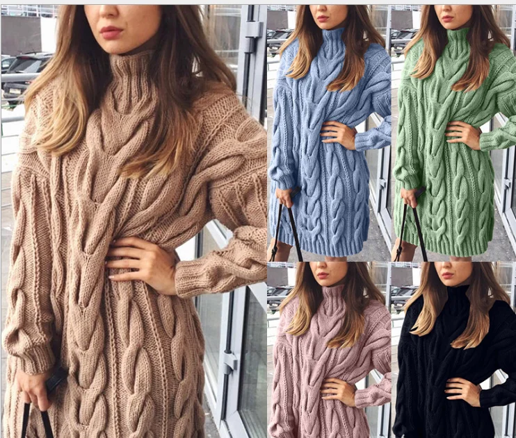 

European and American fashion round neck women mid-length temperament commuter knit solid color loose pullover twist sweater