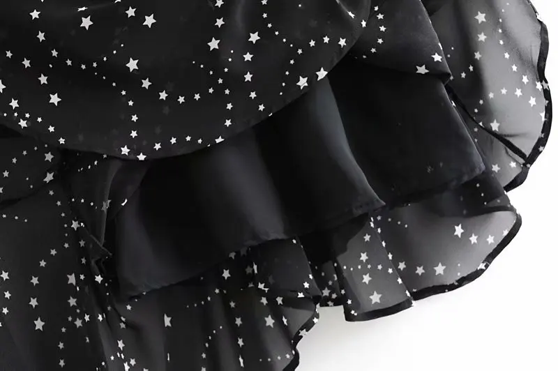 VOGUEIN New Womens Stars Print Transparent O-Neck Chiffon Asymmetrical Black Mini Dress Wholesale | Женская одежда