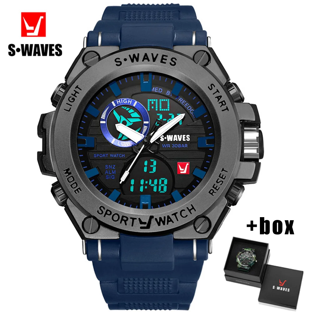 

SWAVES Brand Man Watches With Box Waterproof Dual Display Waches Men Sport Analog Digital Relojes Hombre Plastic Quartz Watch
