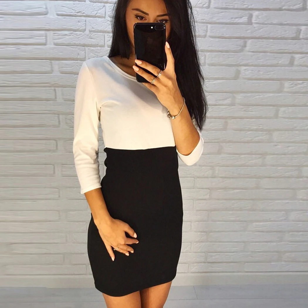 Женское облегающее платье в стиле пэчворк 3 цвета три четверти мини-платье