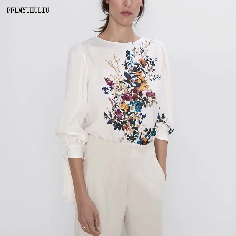 Женская мода новый круглый вырез цветочный принт с длинными рукавами