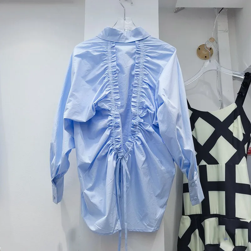 

SeeBeautiful Loose Shirt Lapel Long Sleeve Button Exposed Back Drawstring Pleated New Fashion Spring Summer 2021 Woman E361