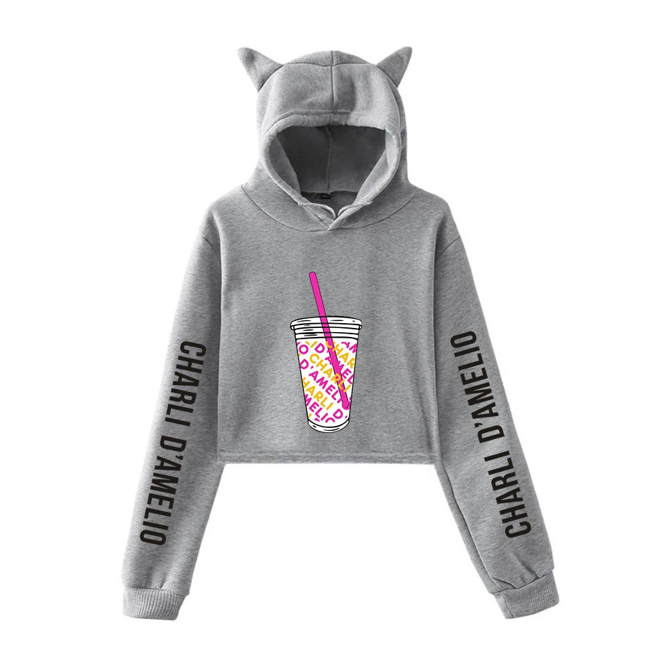 

Pertty Ice Coffee Splatter Cat Ear Hoodie Sweatshirt Short Sweatshirts Pullover Fashion Sexy Charli Damelio Merch Casual Women