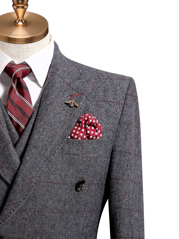 Men Suits Set Plus Size 58 Double Breasted Retro Grey 50% Wool 2020 Autumn Winter Warm Thicken Business Wedding Groom Wear