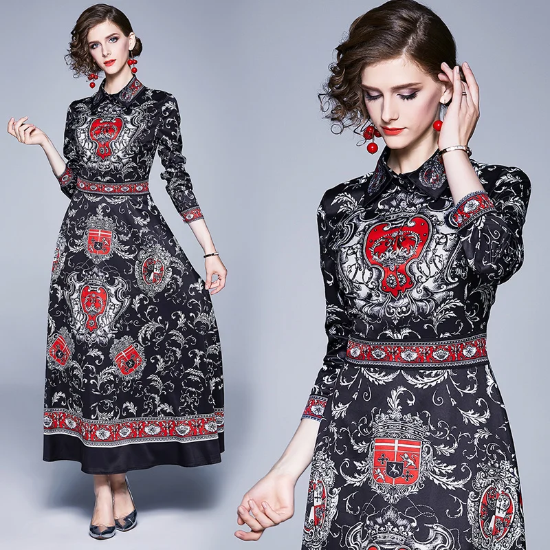 

Женское платье с длинным рукавом, длинная юбка с принтом в европейском и американском стиле, 1699