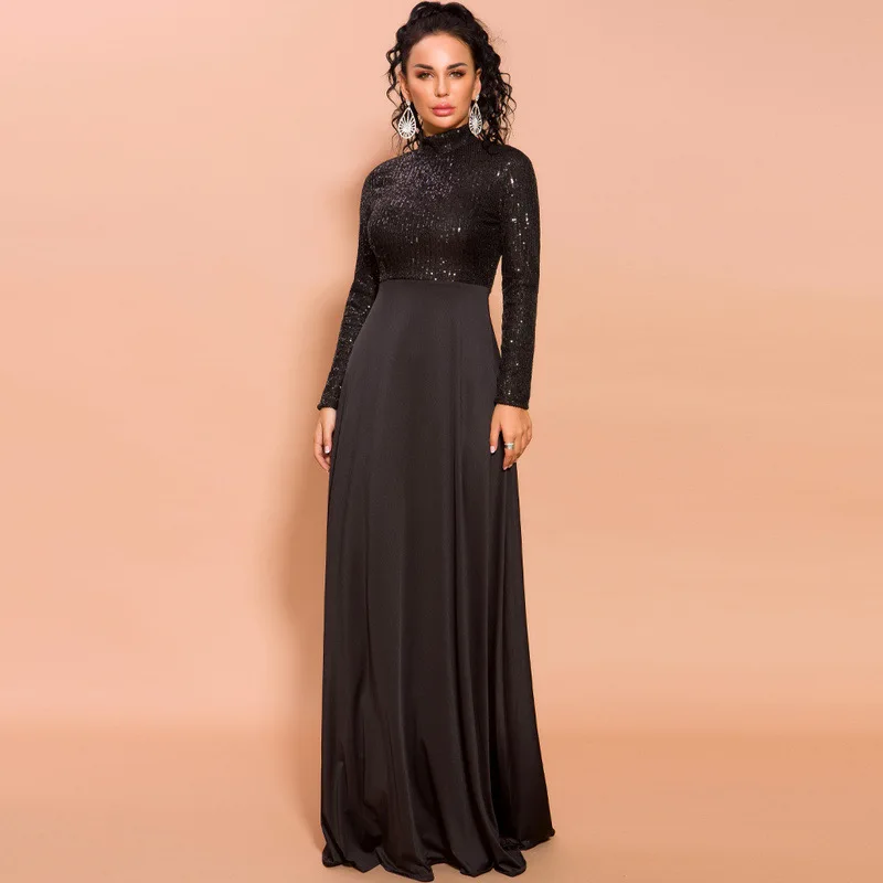 

Женское вечернее платье-русалка, Черное длинное платье с блестками и V-образным вырезом