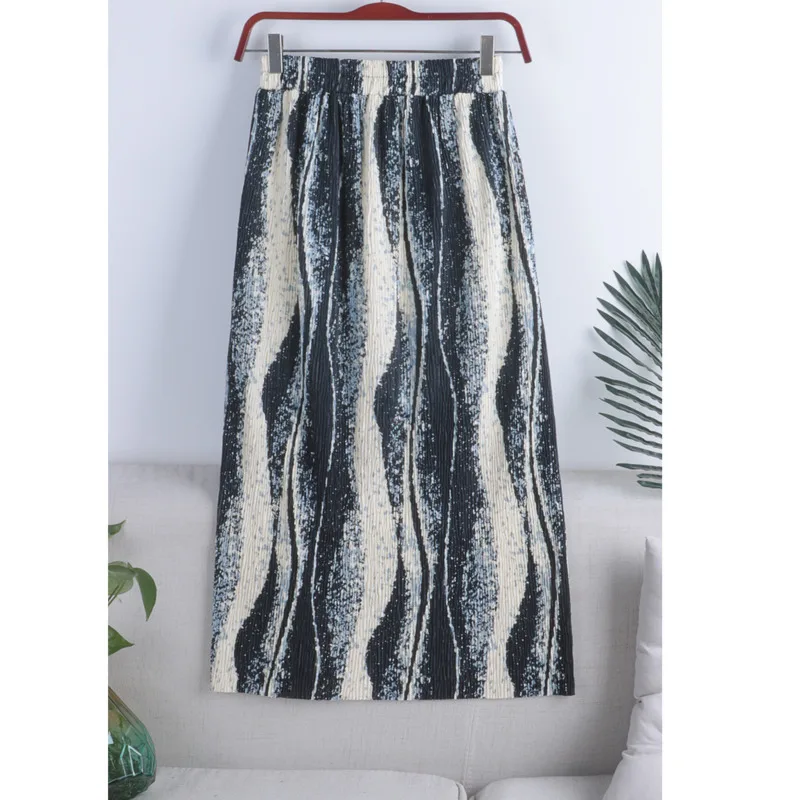 

2021 New High Waisted Slim Elastic Waist Pleated Art Print Dress With Buttocks Skirt Medium Length Skirt Female Skirts Womens