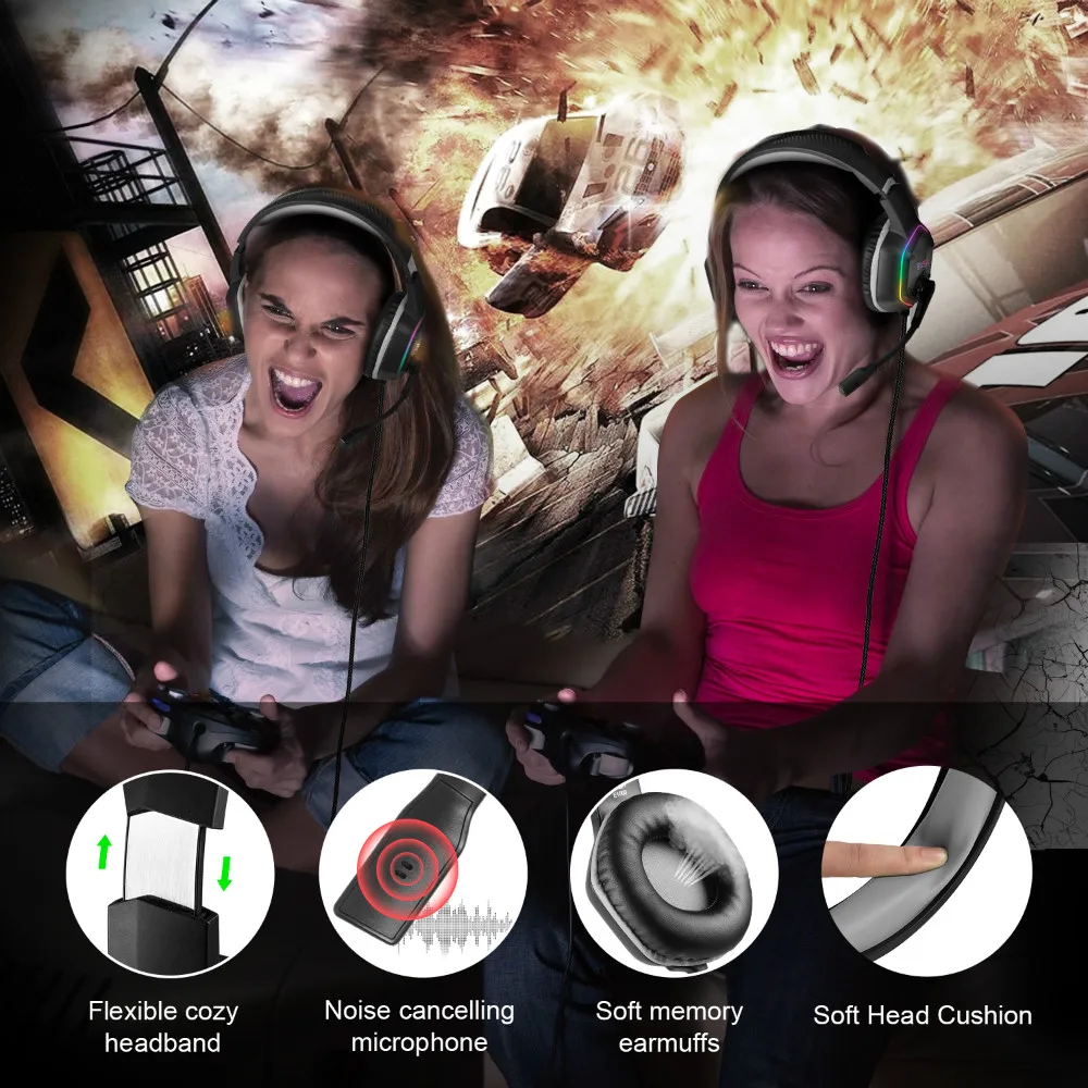 EKSA E1000 7,1 Surround Sound Gaming Headset С микрофоном для PS4/Xbox Один/PC Gamer стерео USB проводных наушников RGB светодиодный светильник