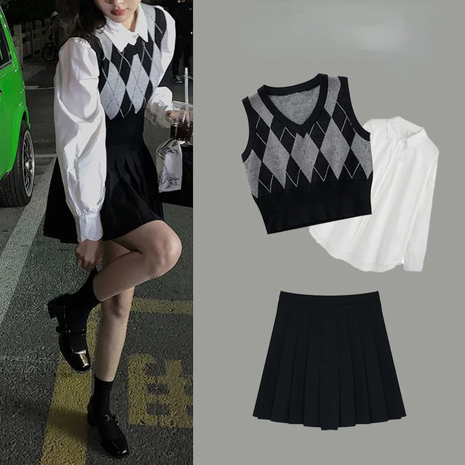 Three Piece Suit Spring and Autumn 2021 New Women's Diamond Vest + White Casual Shirt + Black Pleated Skirt Chic Female Suit