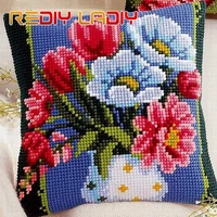 cross stitch cushion bouquet of daisy chunky yarn cross stitch kit needlework pre printed canvas pillow home decor arts crafts