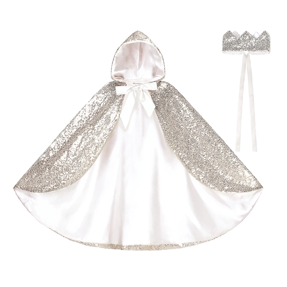 Princess Girls Elsa Sequins Long Cloak Clothing Full Length Hooded Cape Princess Girls Costume Christmas Halloween Party Make Up