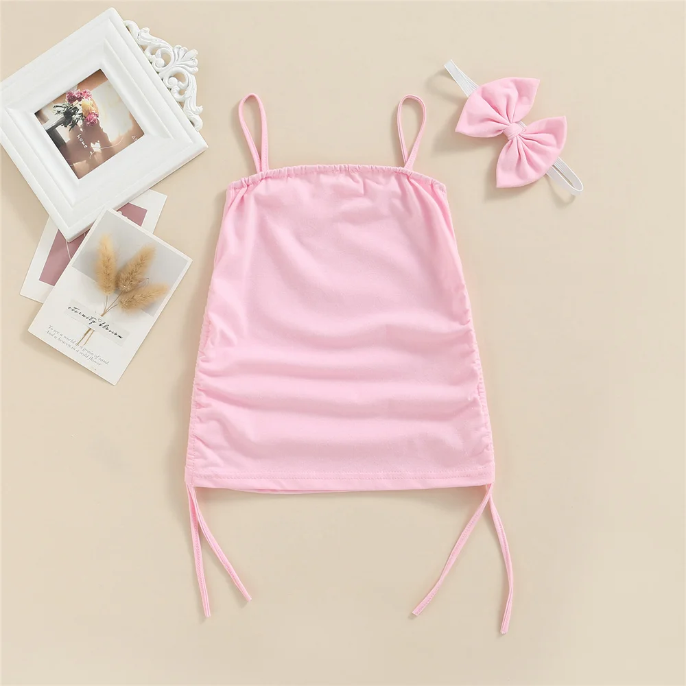 

3 Color Summer Simple Style Kid Baby Girl Sleeveless Solid Color Dress Toddler Casual Spaghetti Strap Drawstring Dress Headband