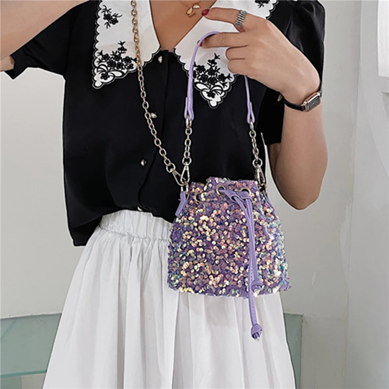 

Sequins Women Bucket Bag 2021 Purses And Handbags String Bucket Hand Bags Tote Ladies Shoulder Bag Girls Crossbody Bags
