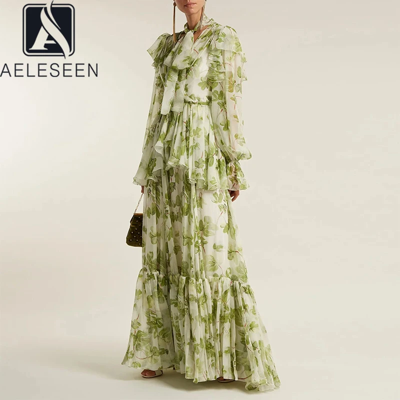 AELESEEN pist moda kadın elbise tasarımcısı yeni Ruffles yeşil çiçek baskı fener kollu basamaklı Maxi parti zarif elbiseler