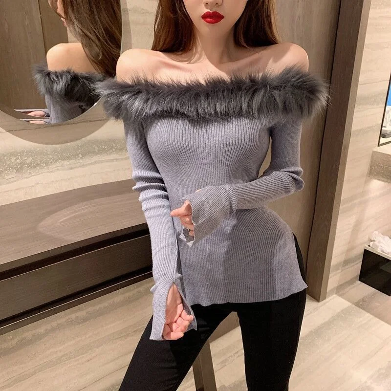 

Women Sweater Sexy Club Slim Knitwear Pullovers Ladies Fashion Brand Feather Slash Neck Crop Top 2021 Autumn Winter Women's Top