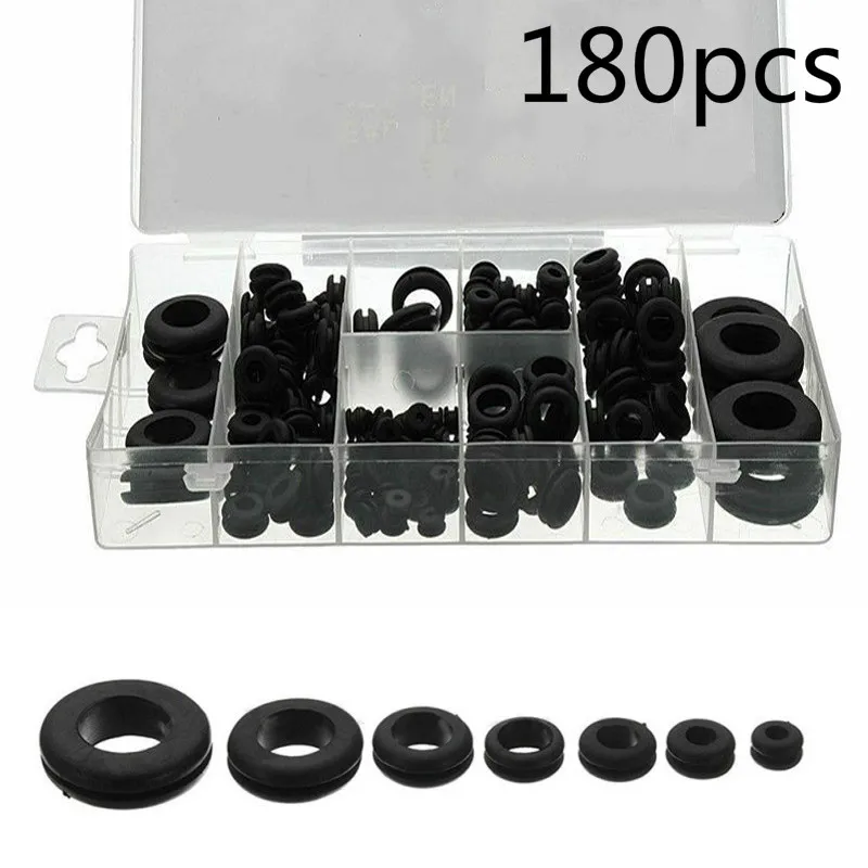 

180Pcs/Lot Black Rubber Grommets Popular Sizes Retaining Ring Wiring Cable Gasket Seal Assortment Set For Home Car Wiring Cable
