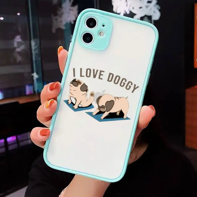 

Cute Cartoon Pug Animal Yoga Phone Cases Matte Transparent for iPhone 7 8 11 12 s mini pro X XS XR MAX Plus cover funda