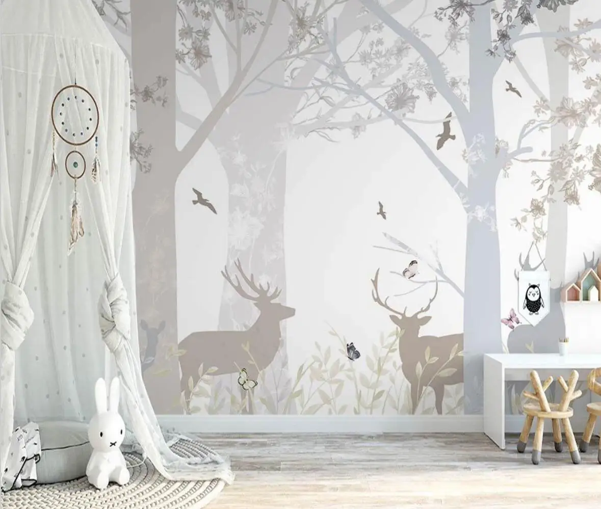 

Hand painted woods elk plant black and white woods decoration mural cartoon children's room background wall 3d wallpaper