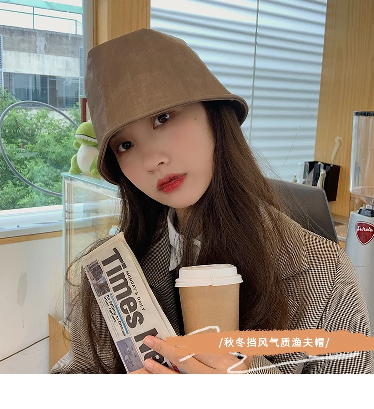 

PU Leather Fisherman Hat Female Popular Brand and Winter Korean Style All-Matching Explicit Face Small Bucket Cap Autumn