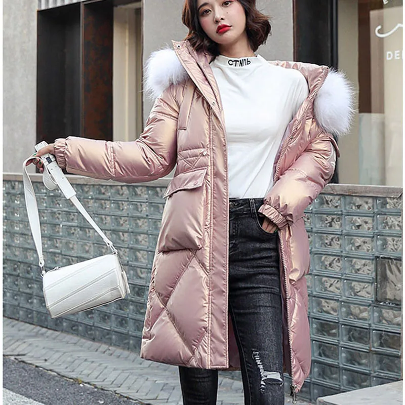 Thick Fur Collar Parkas Women Coat 2021 New Fashion Winter Warm Hooded Down Cotton Casual Glossy Womens Jacket NBH340 | Женская одежда