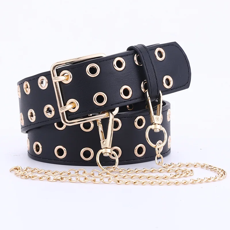 

2020 New Women's Belt Punk Double Gold Pin Buckle Belt Grommet Rivets Waist Belt PU Leather Cinturon Chain Waistband Jeans Belt