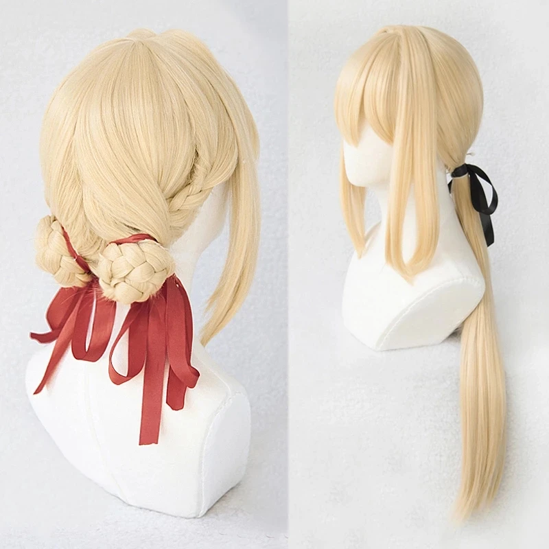 

Hight Quality Violet Evergarden Cosplay Wig Heat Resistant Synthetic Light Blonde Hair Cosplay Wigs With Ribbon + Wig Cap