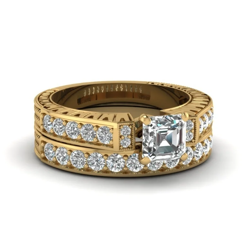 

FDLK 2 pcs/set Square White Crystal Ring Anniversary Proposal Jewelry Bride Wedding Engagement Ring Set Size 5 - 12