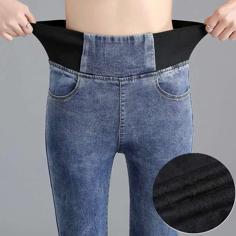Warm Jeans Winter 2023 New Velvet Thick Jeans Elastic High Waist Pencil Pants Female Pantalon Loose Fleece Denim Pants X380