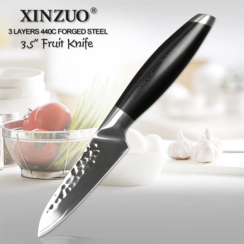 XINZUO 3,5 ''нож для очистки овощей, 3 слоя 440C, многослойные Стальные Кухонные ножи с ручкой G10, кухонные столовые приборы из нержавеющей стали